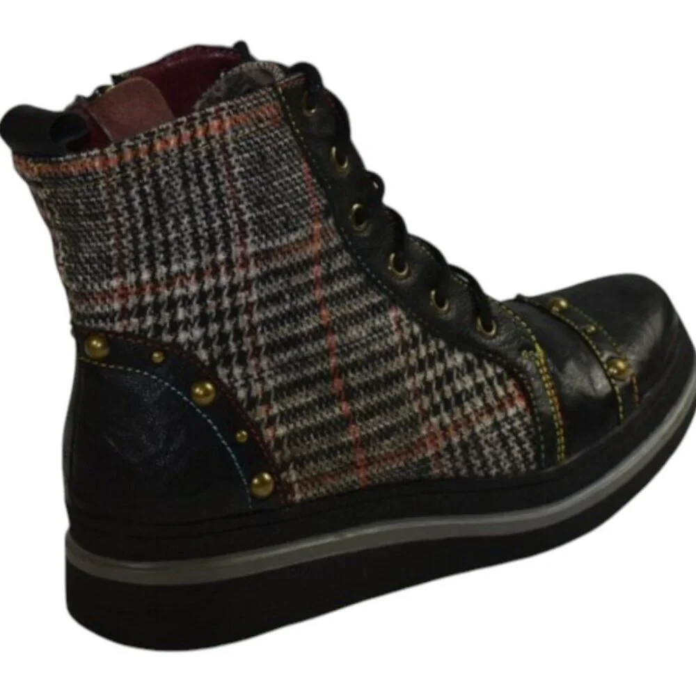 Spring Step L’Artiste Rehja Black Brown Plaid Combat Boot Size 36 (US 5.5 -6)